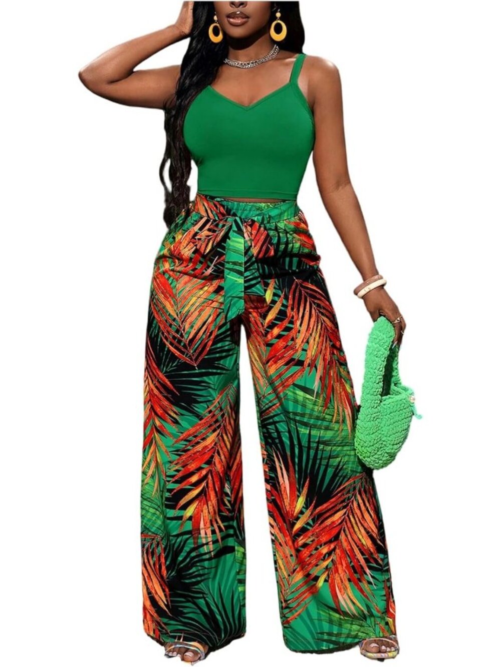 Summer Vacation 2-Piece Outfit: Camisole Top & Tropical Pants for Cruise Wear